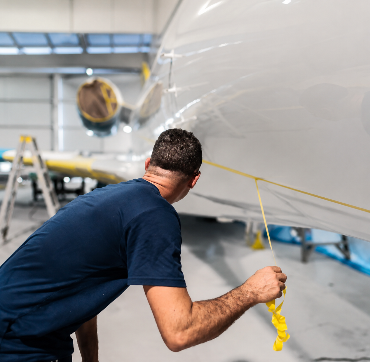 Technician marking layout lines on an aircraft nose before masking