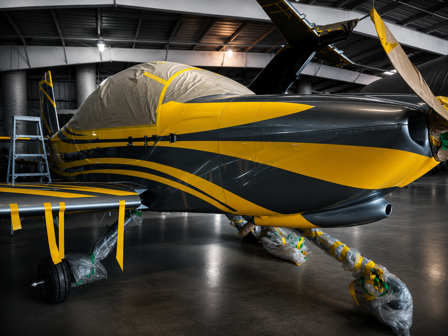 Freshly painted aircraft with a black and yellow livery, landing gear protected during the painting process